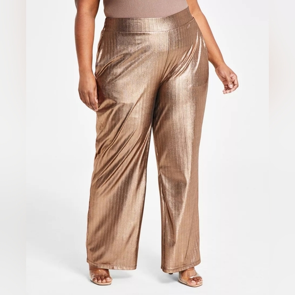 Nina Parker Pants - Metallic Bronze Wide-Leg Pants Plus Size 2X Flowy Shimmer